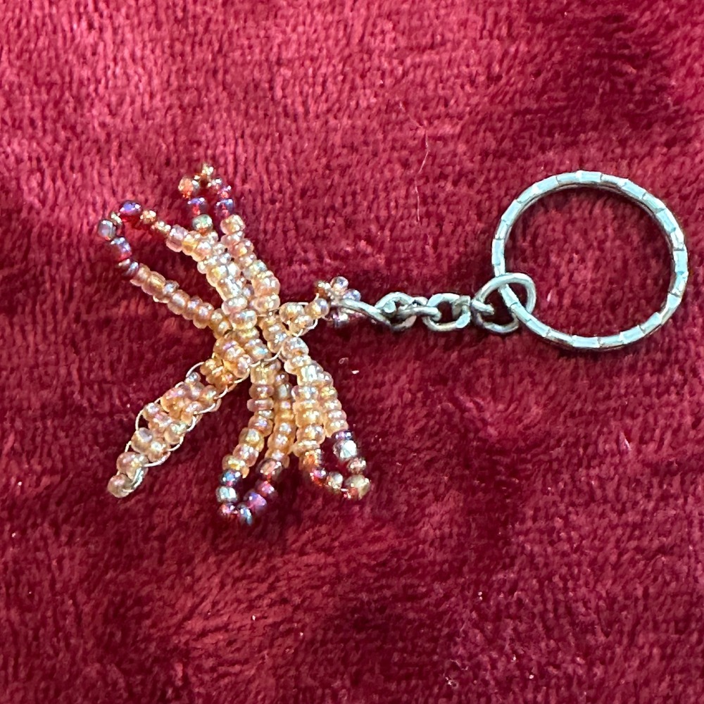 Handmade Beaded Dragonfly Keychain Amber Gold Iridescent Seed Bead Key Ring